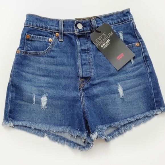 Levi's Ribcage High Rise Jean Shorts Charleston Denim - Picture 2 of 7